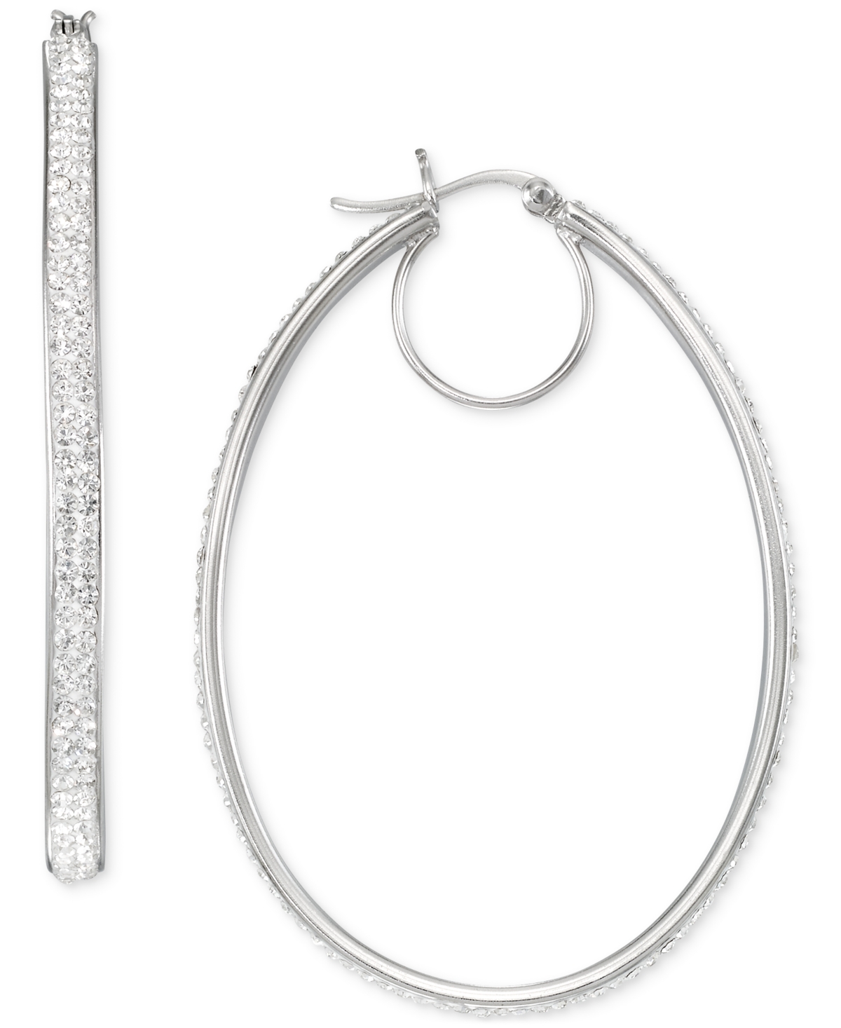 Macy's Crystal Pave Oval-shape Click Top Hoop Earrings In Silver