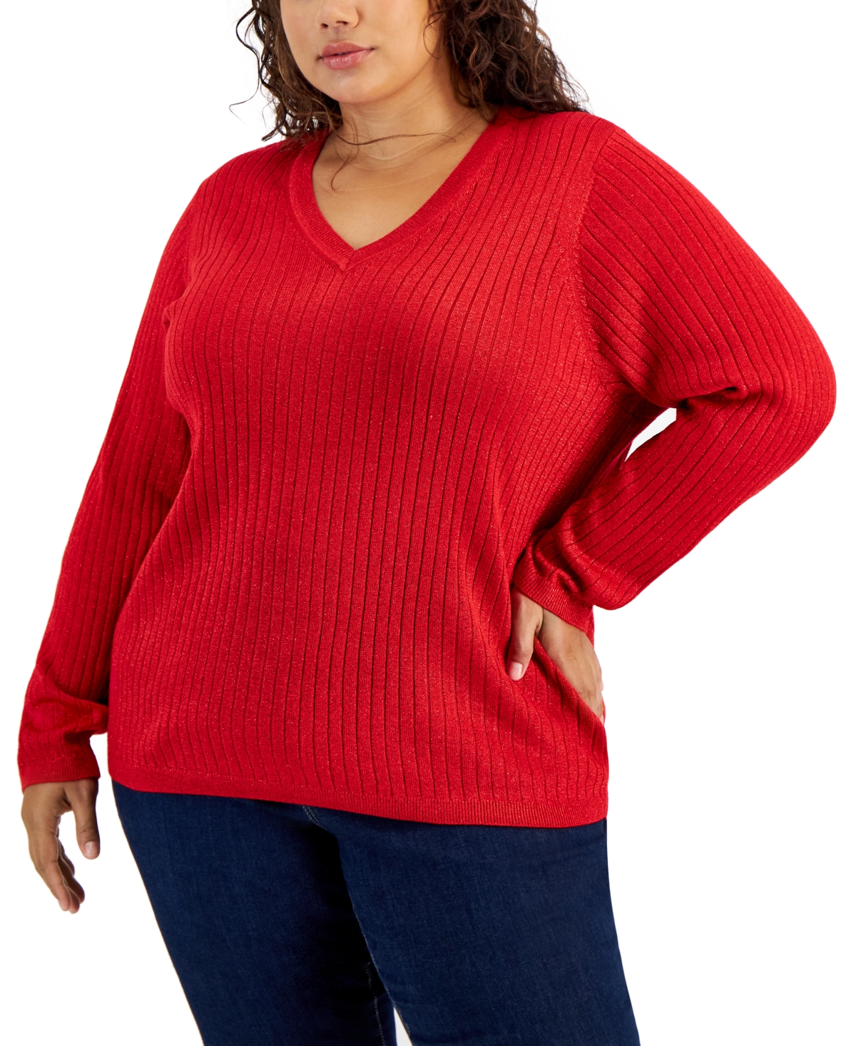 Tommy Hilfiger Plus Size Ribbed Metallic-threaded Sweater In Scarlet