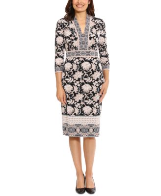 London Times - Women's Printed V-Neck 3/4-Sleeve Sheath Dress