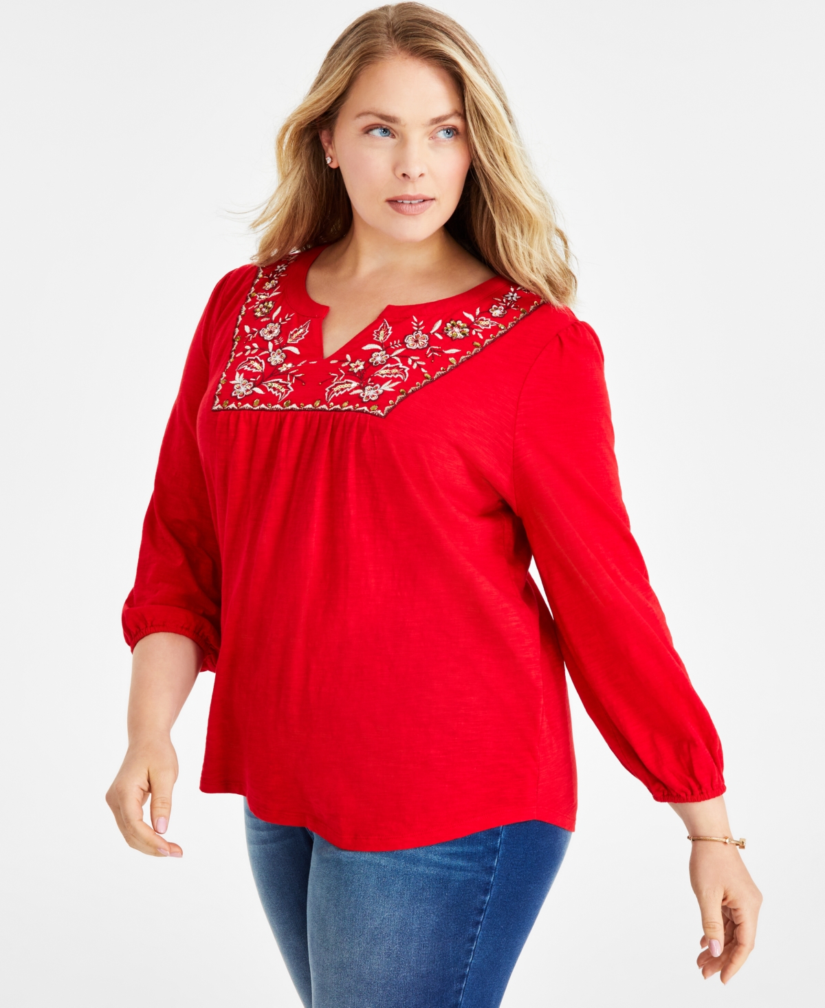 Style & Co Plus Size Embroidered Split-neck Top, Created For Macy's In Tango Red