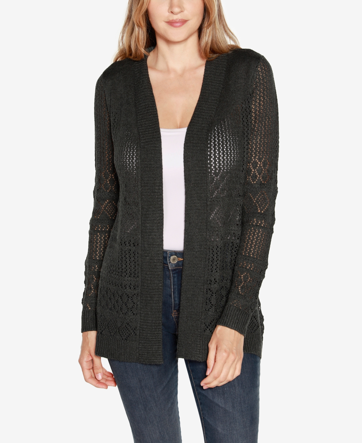 Belldini Women's Pointelle Long Sleeves Open Cardigan Sweater In Heather Charcoal