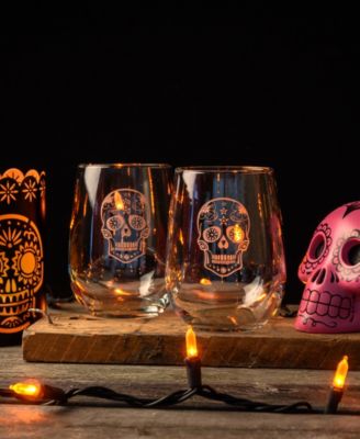 Sugar Skull Stemless Wine Tumbler 17oz - Set of 4 Glasses