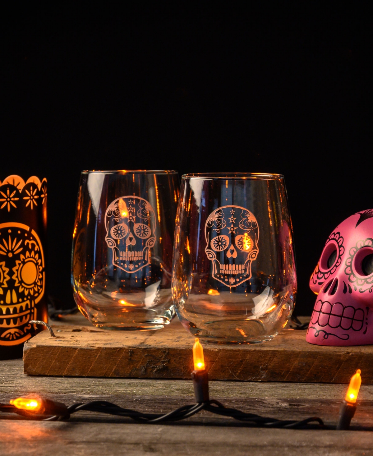 Rolf Glass Sugar Skull Stemless Wine Tumbler - Set of 4 Glasses