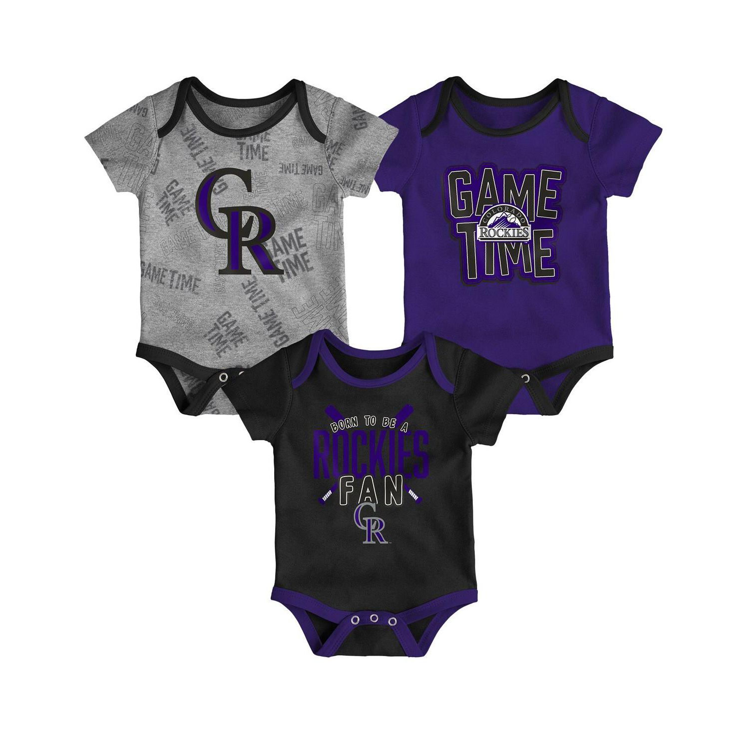 Newborn and Infant Boys and Girls Colorado Rockies Black, Heathered Gray, Purple Game Time Three-Piece Bodysuit Set