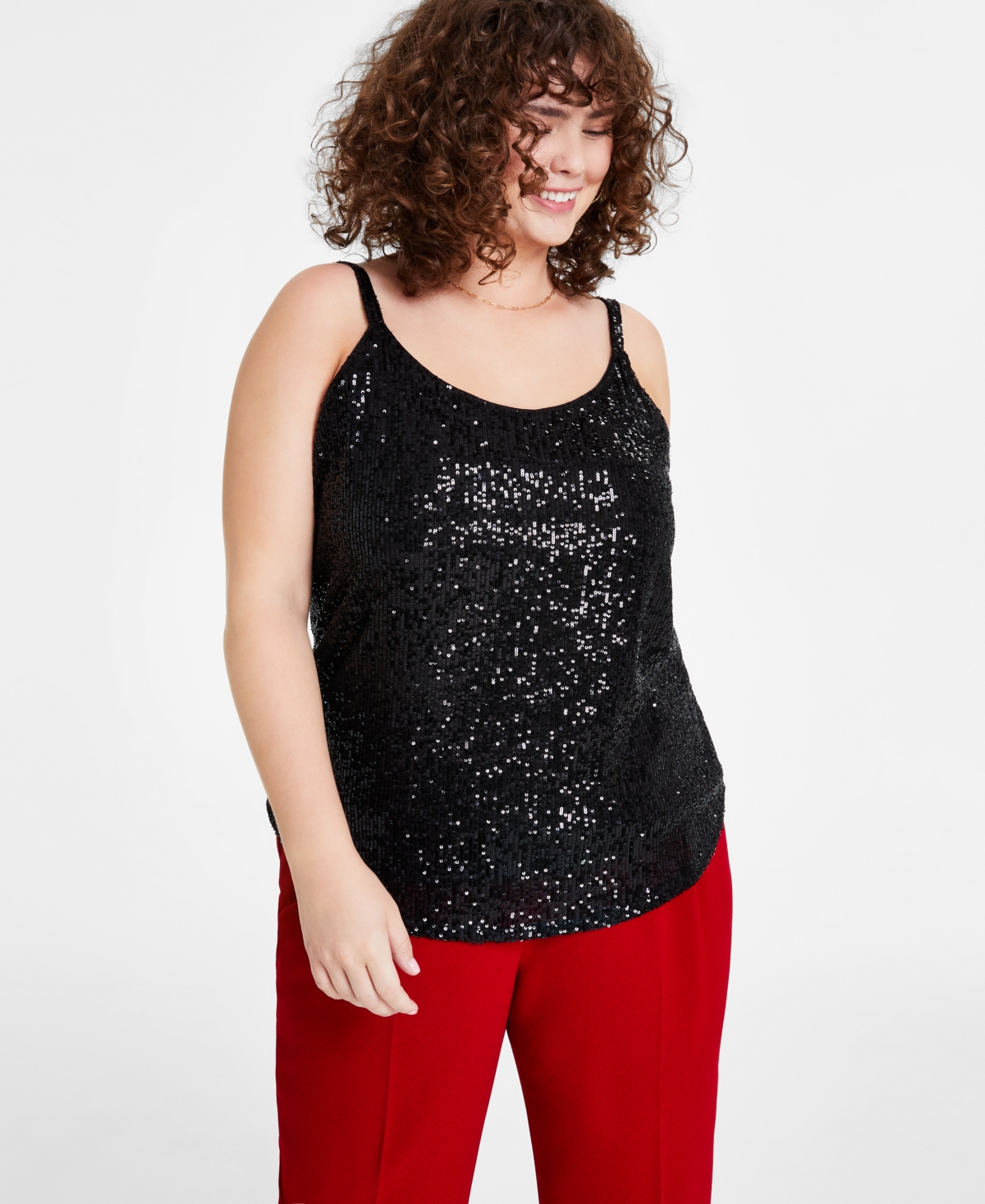 Plus Size Sequin Scoop-Neck Camisole, Created for Macy's - Black