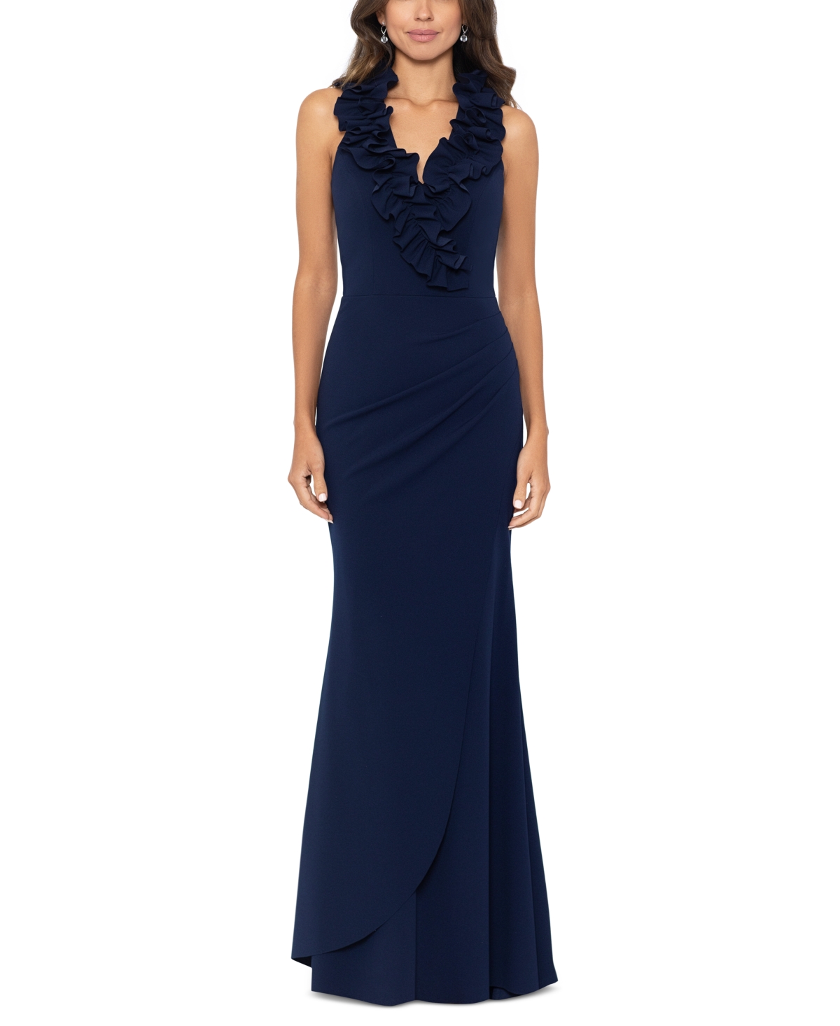 Women's Ruffled-v-Neck Sleeveless Ruched Gown - Navy