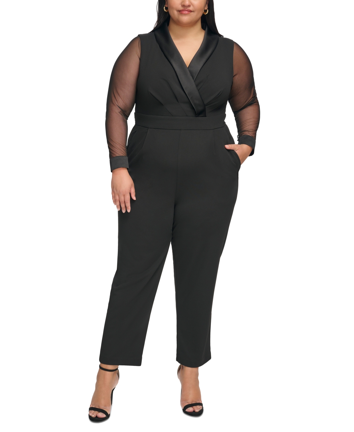Jessica Howard Plus Size Illusion Long-sleeve Jumpsuit In Black