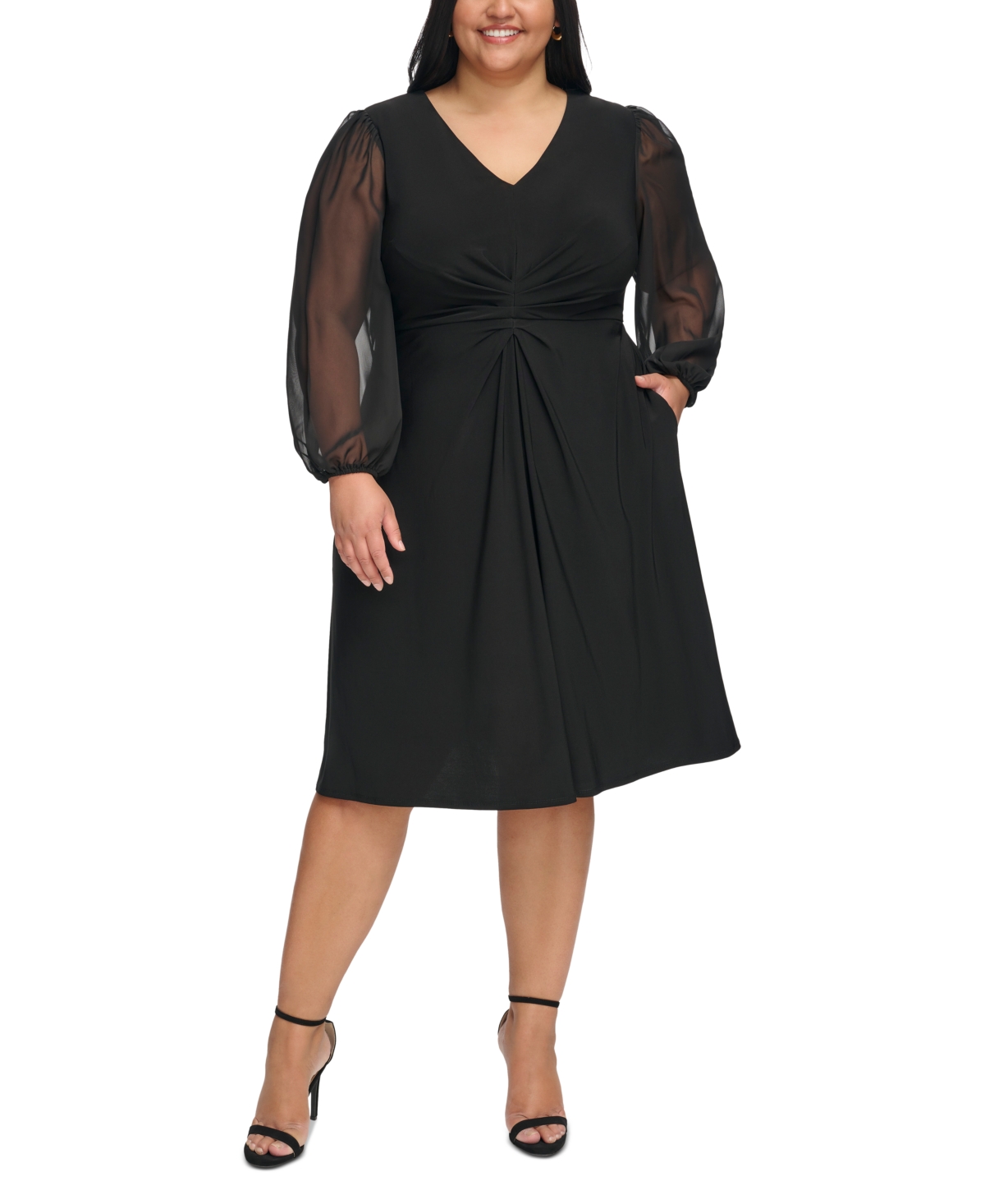 Plus Size Gathered Blouson-Sleeve Midi Dress - Black
