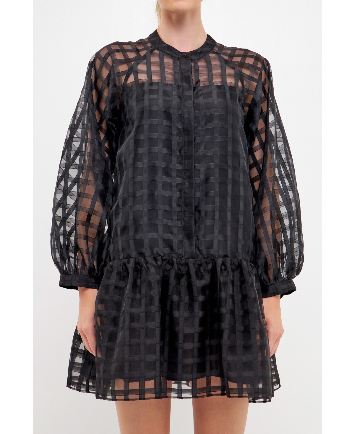 English Factory Women's Check Organza Buttoned Long Sleeve Mini