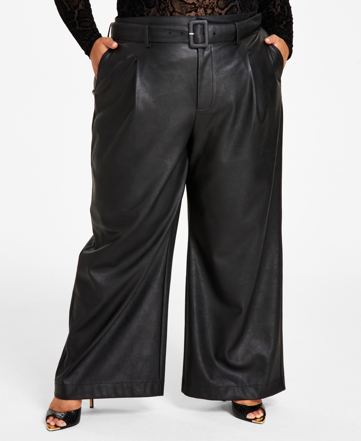 Nina Parker Trendy Plus Size Faux-leather Wide-leg Pants In Black Beauty