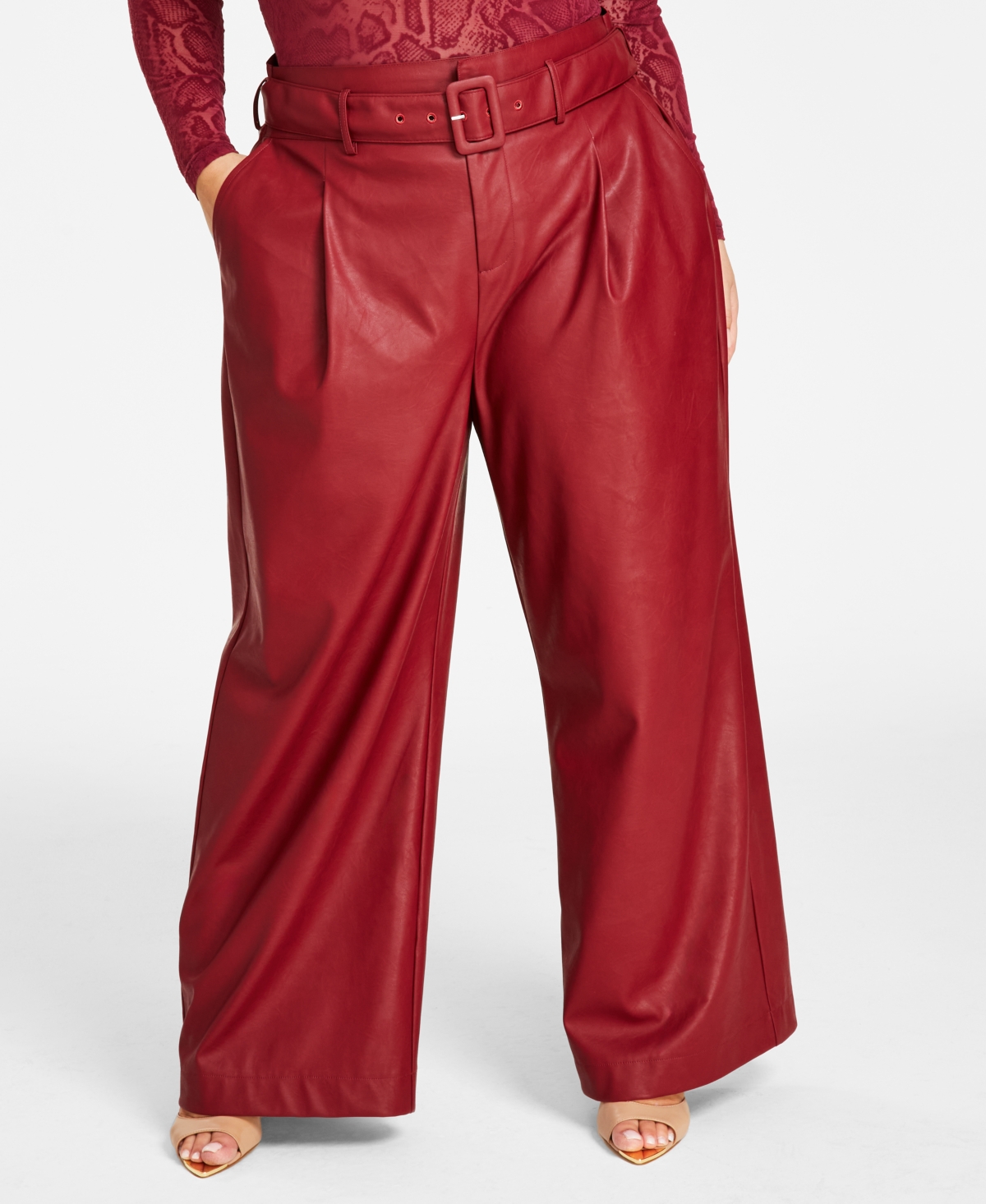 Nina Parker Trendy Plus Size Faux-leather Wide-leg Pants In Burgundy