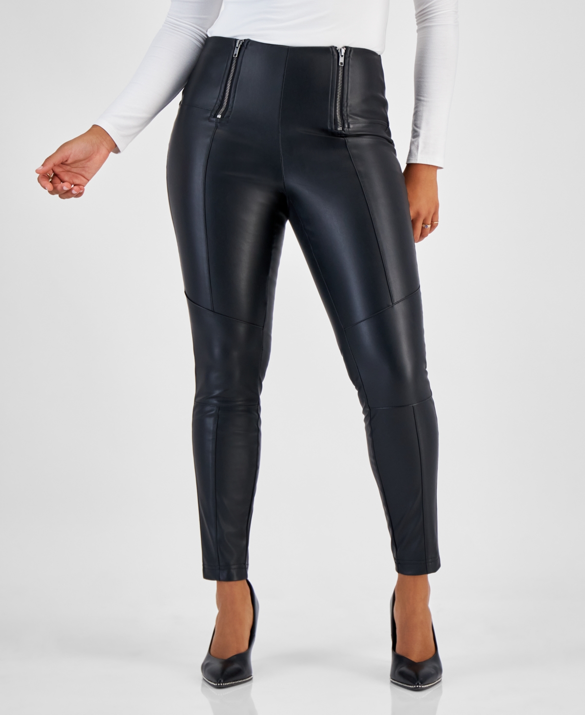 Bar Iii Women's Faux-leather Double-zip Leggings, Created For Macy's In Deep Black