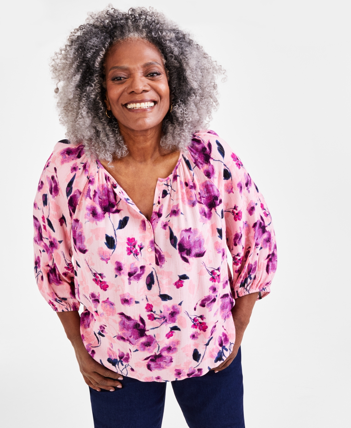 Style & Co Plus Size Shine Floral-print Blouse, Created For Macy's In Winter Pink