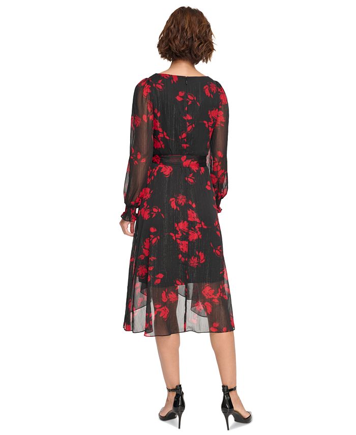 DKNY Women's Printed Chiffon Faux-Wrap Midi Dress - Macy's
