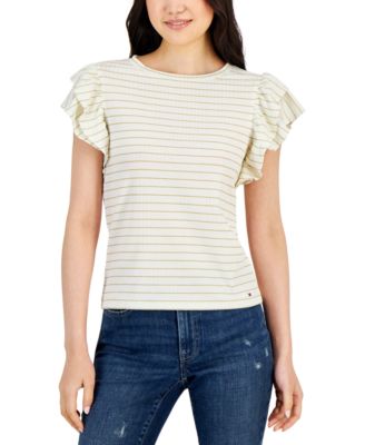 Tommy Hilfiger - Women's Striped Metallic Flutter-Sleeve Top