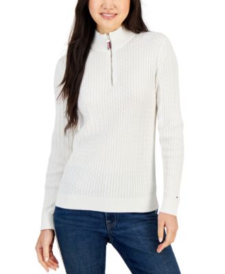 Women's Cotton Mock Turtleneck Cable-Knit Sweater