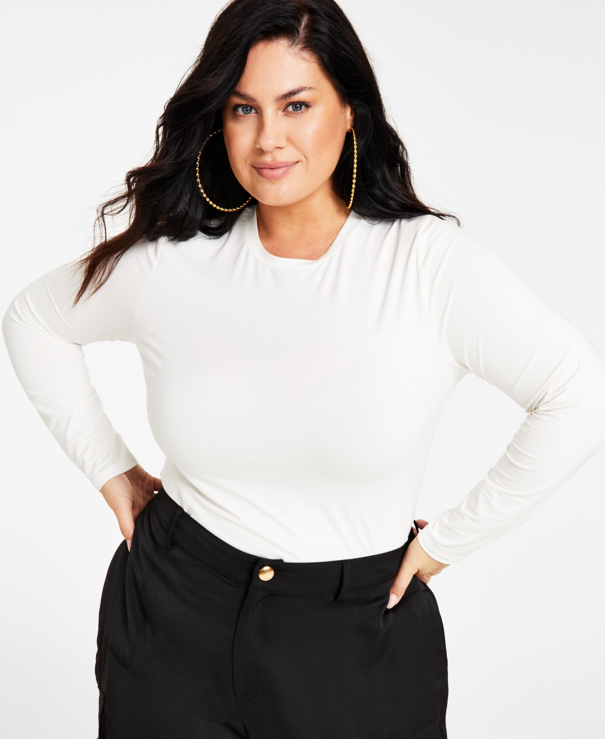 Nina Parker Trendy Plus Size Scoop-neck Fitted Top In Egret