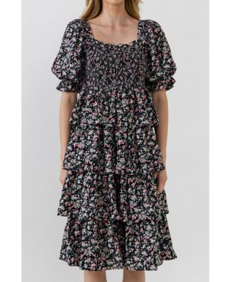 knee length dresses for ladies Blue Medallion Floral Estelle Scalloped Dress