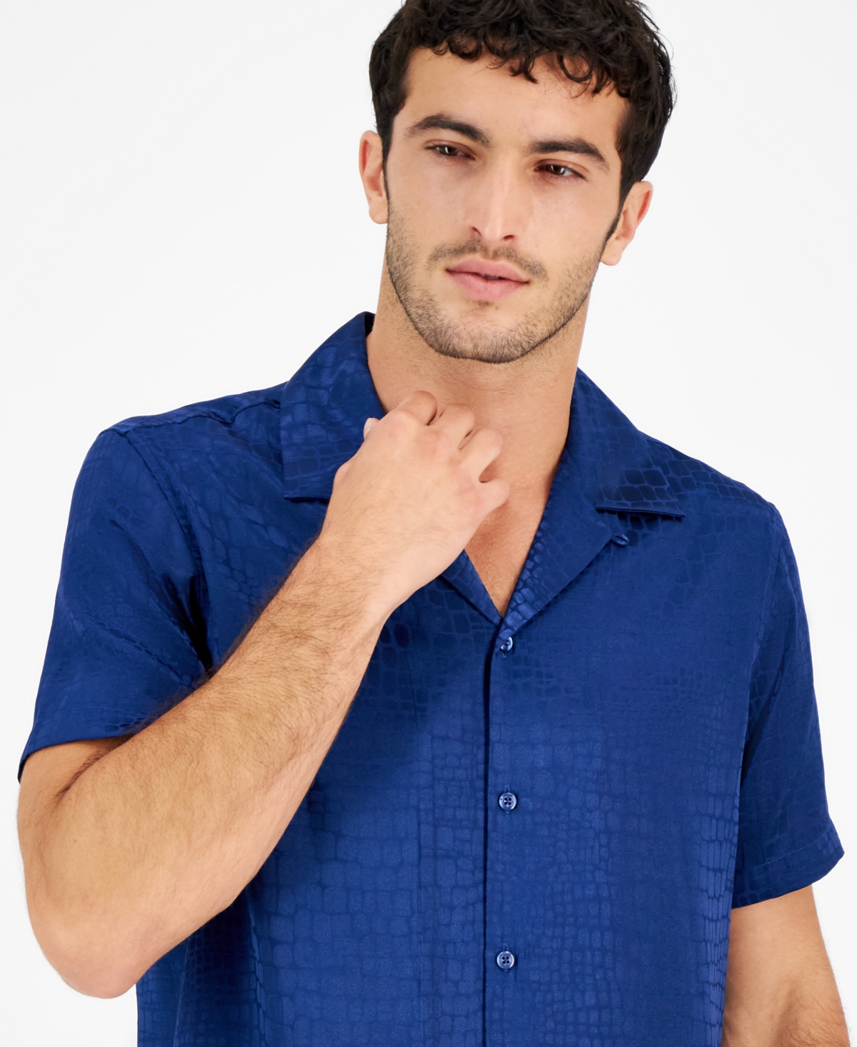 Shop Inc International Concepts Men's Snake Skin Shirt Sleeve Button-front Satin Shirt, Created For Macy's In Blazing Navy