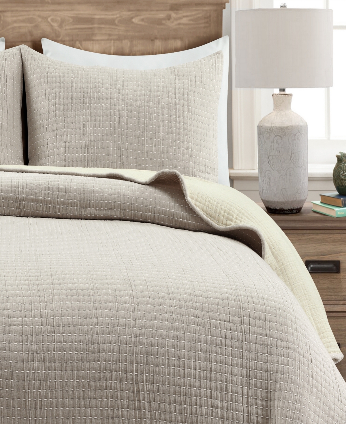 Lush Decor Solid Kantha Pick Stitch Yarn Dyed Cotton Woven 3-Piece Quilt Set,