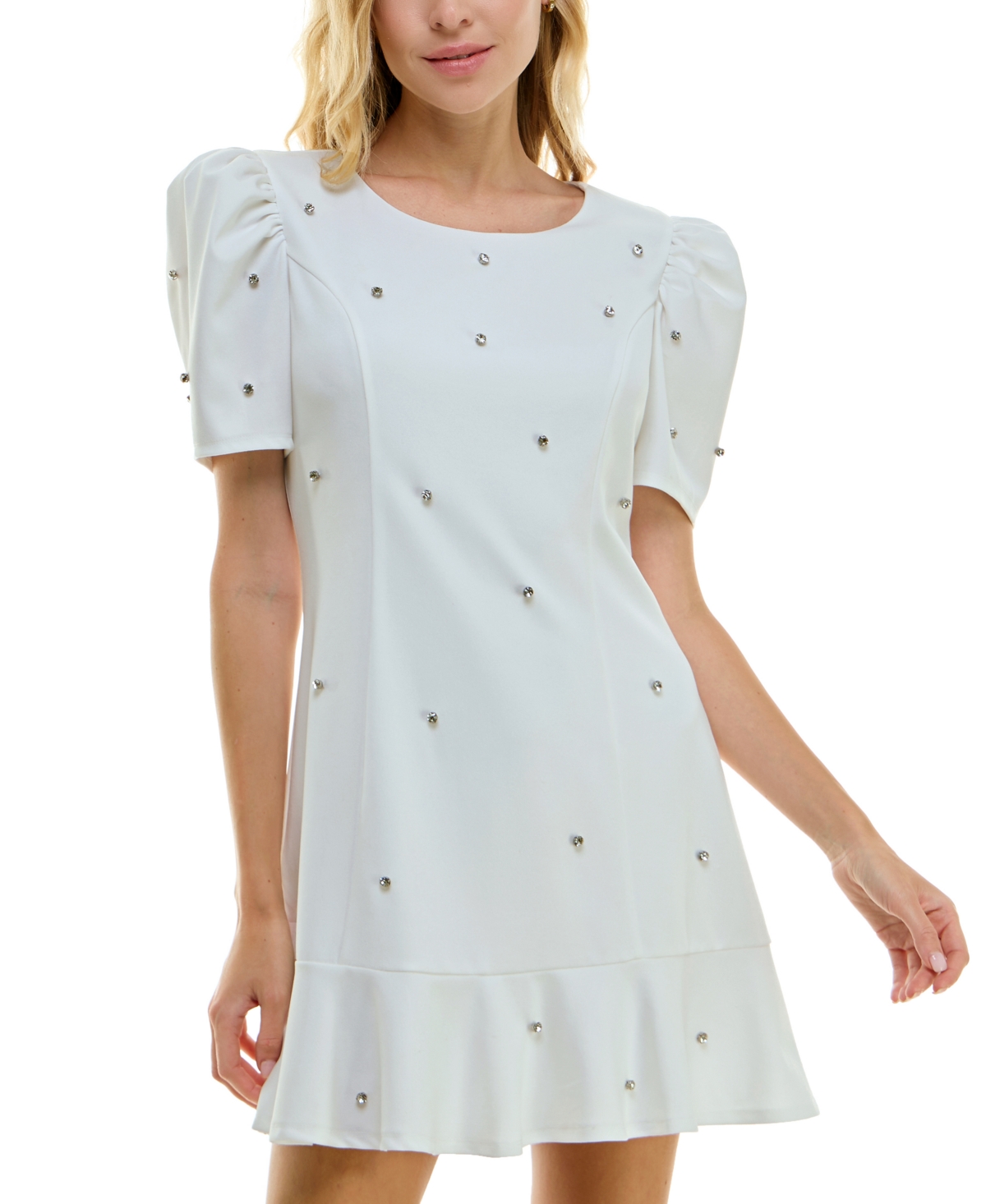 Crystal Doll Juniors' Puff-sleeve Rhinestone-trim Dress In White