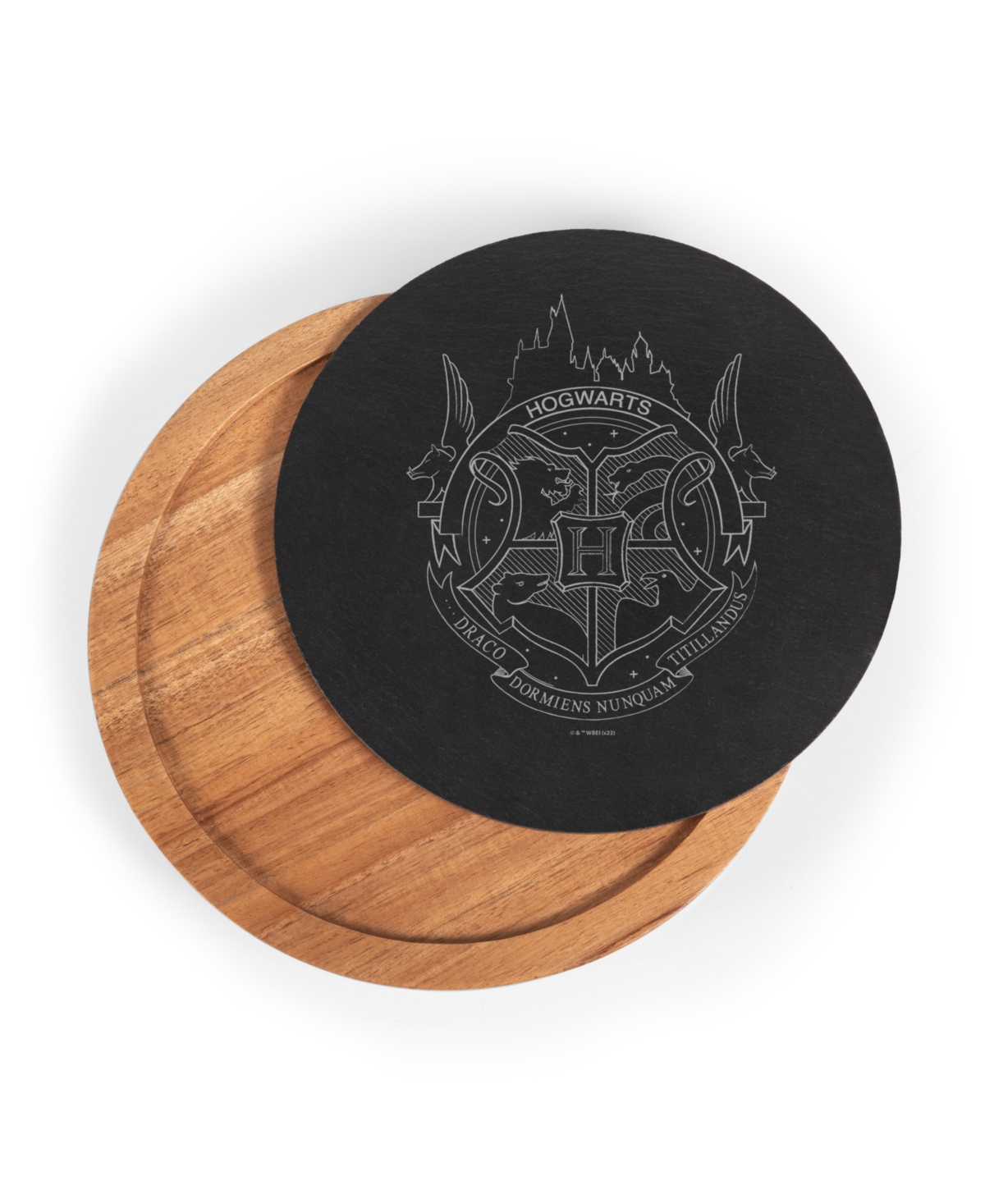 Harry Potter Hogwarts Insignia Acacia and Slate Charcuterie Board with Cheese Tools - Acacia Wood Slate Black with Gold Accent