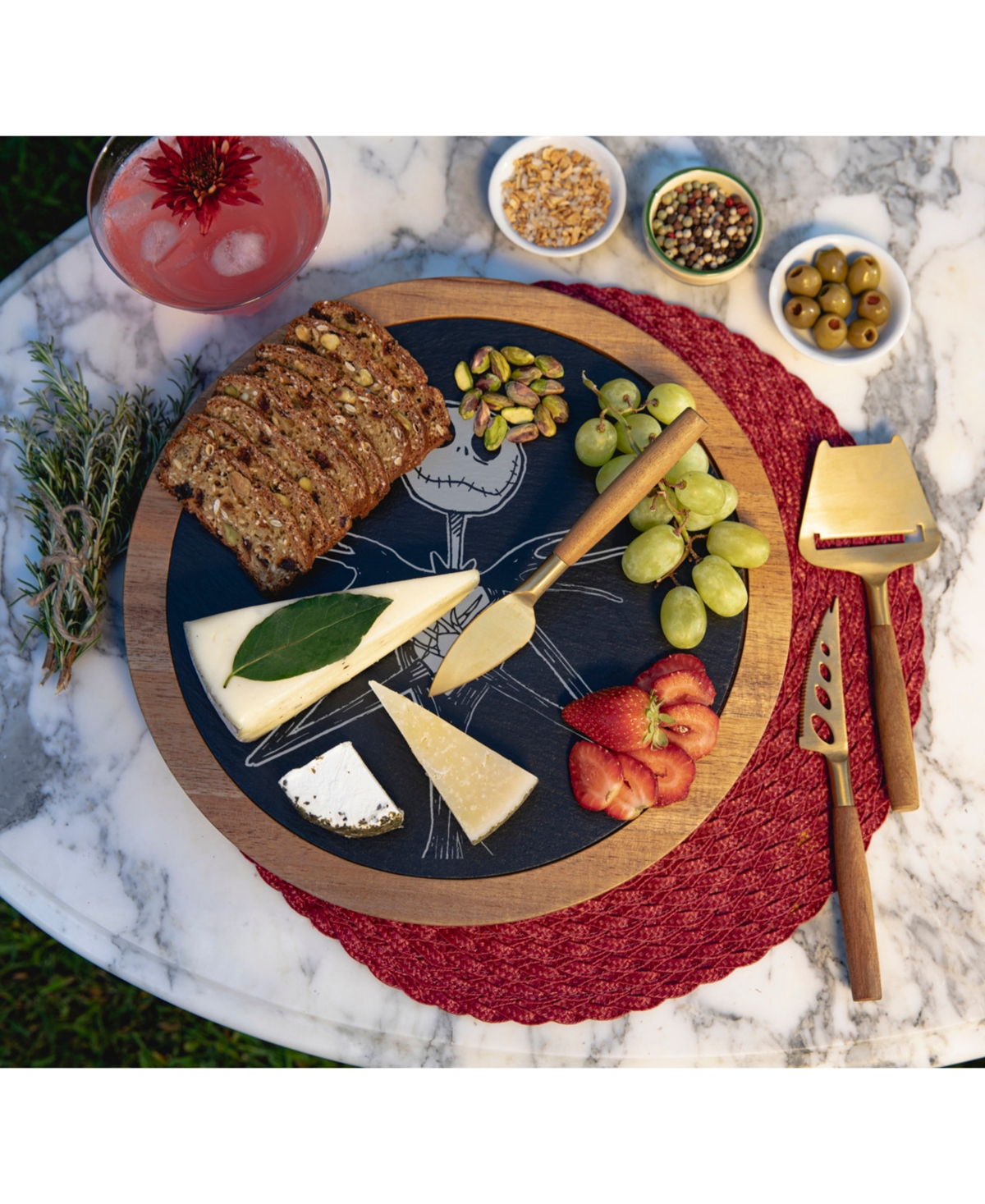 Disney's Nightmare Before Christmas Jack Insignia Acacia and Slate Charcuterie Board with Cheese Tools - Acacia Wood Slate Black with Gold Accent