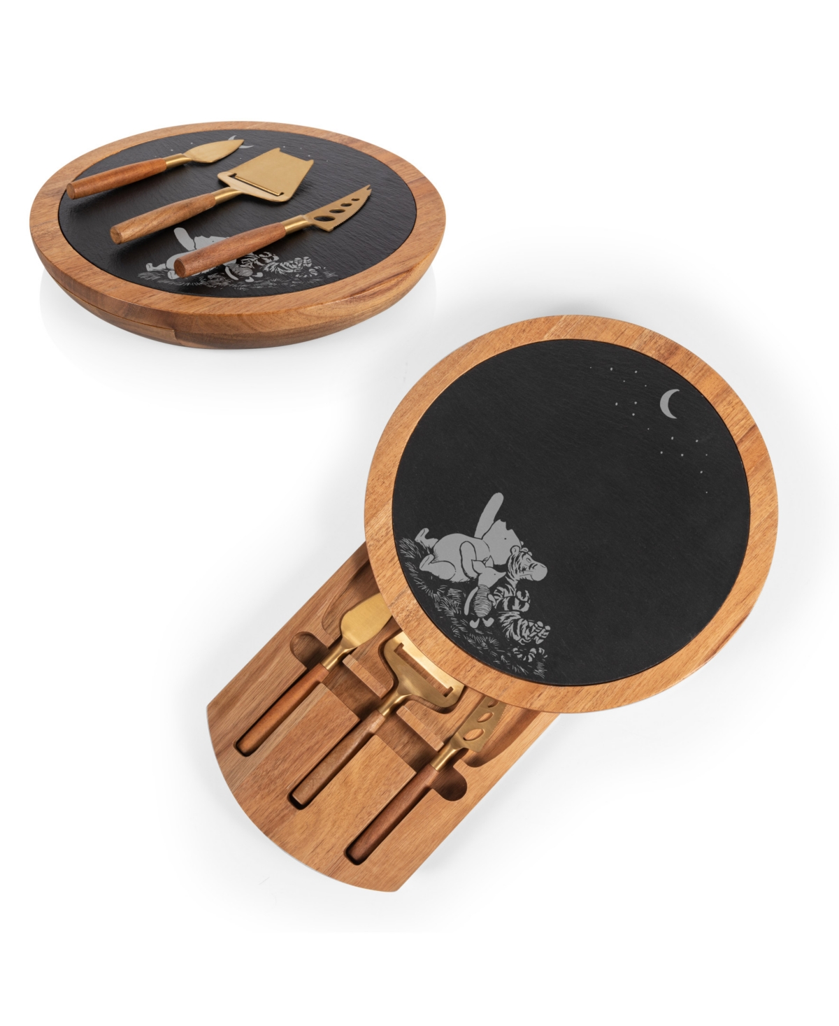 Disney's Winnie The Pooh Insignia Acacia and Slate Charcuterie Board with Cheese Tools - Acacia Wood Slate Black with Gold Accent