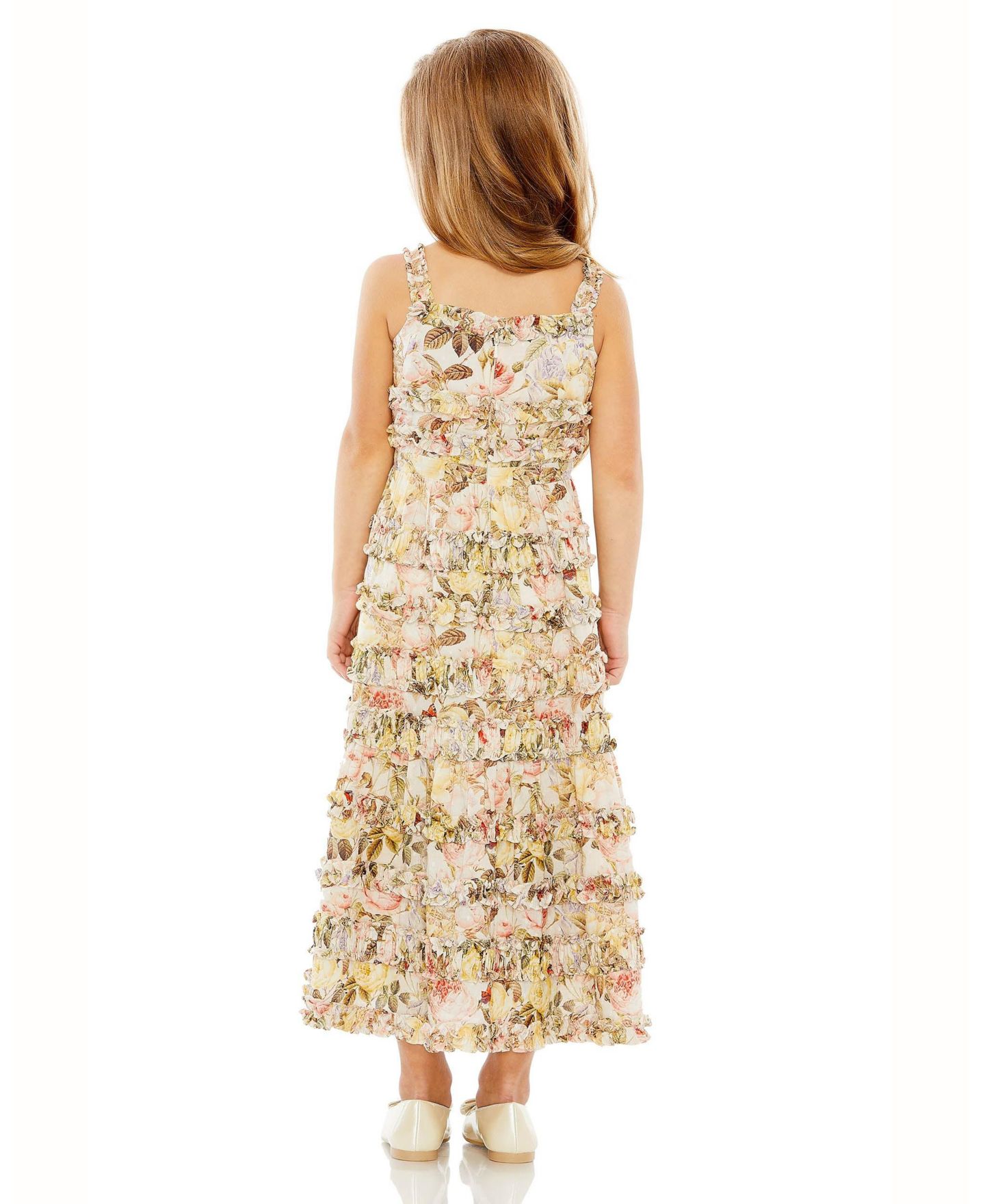 Платье Mac Duggal Floral Print Ruffle Tiered Midi Dress для девочек, цвет: Слоновая кость разноцветный — фото 2