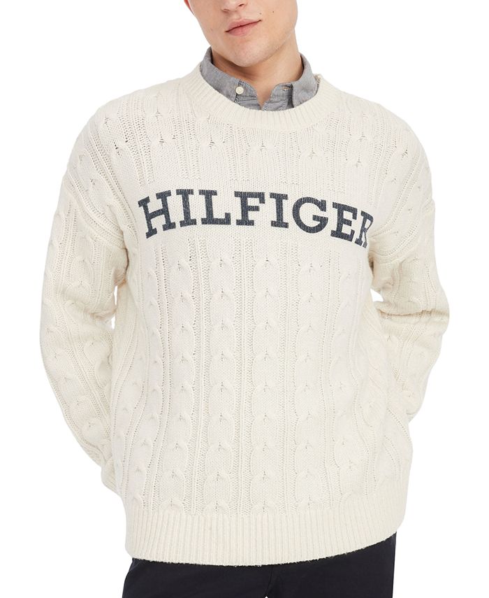 Tommy Hilfiger Men's Oversized-Fit Monotype Logo Cable-Knit Sweater - Macy's