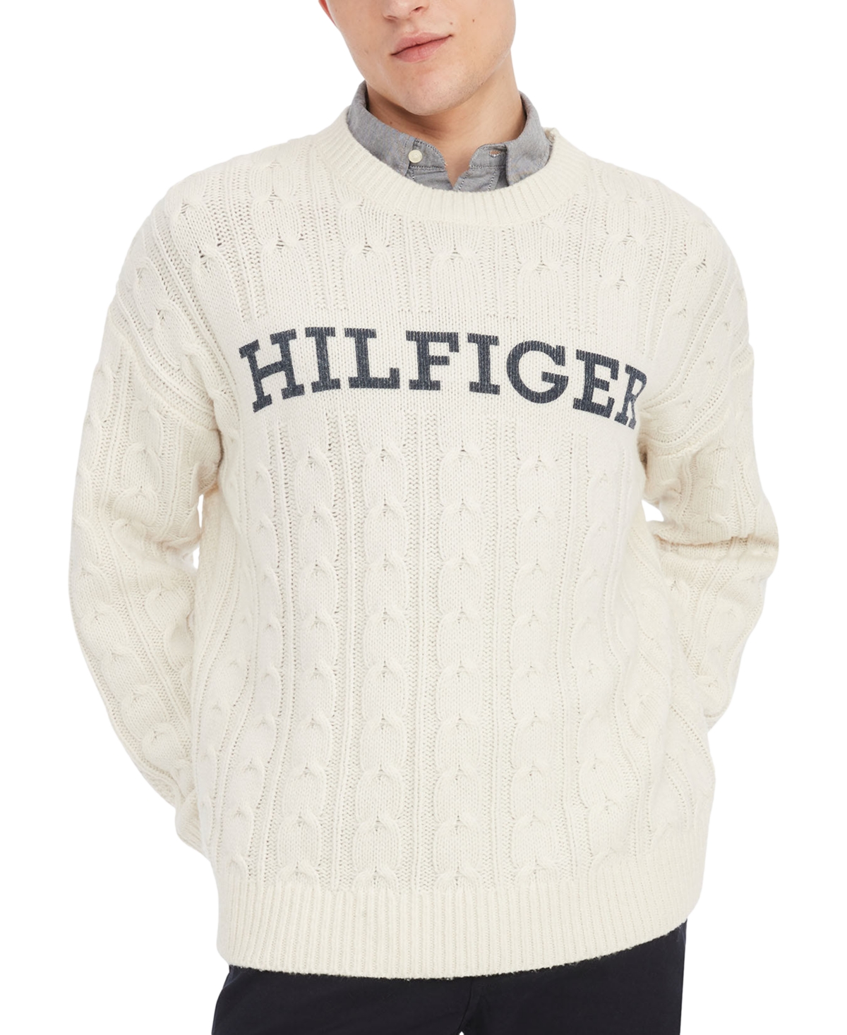 TOMMY HILFIGER MEN'S OVERSIZED-FIT MONOTYPE LOGO CABLE-KNIT SWEATER