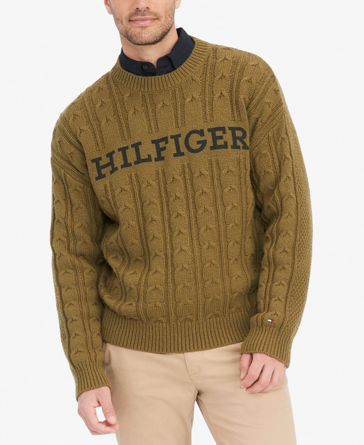 Tommy Hilfiger Men's Oversized-fit Monotype Logo Cable-knit Sweater In Putting Green,desert Sky Print