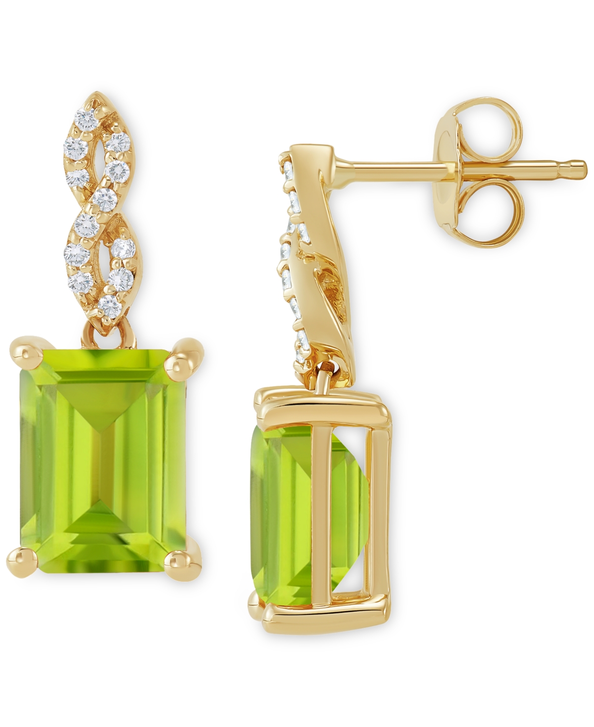 (3-1/5 ct. t.w.) & Diamond (1/10 ct. t.w.) Cushion Drop Earrings in 14k Gold - Peridot