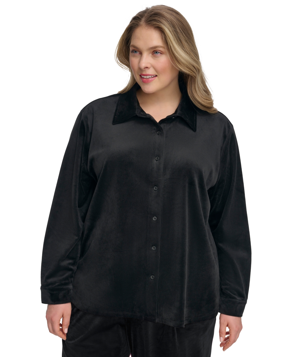 Calvin Klein Petite Velour Button-up Shirt In Black