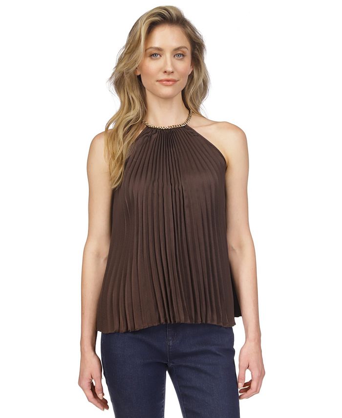 Michael Kors Women's Sleeveless Zebra Print Chain Link Halter Top Black Size L
