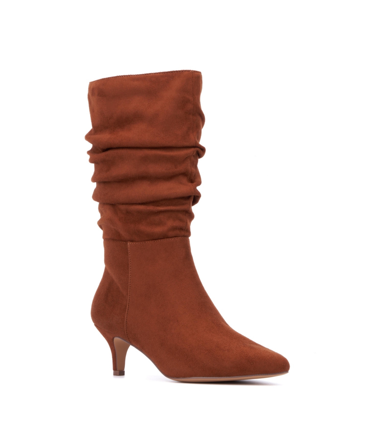 Women's Mette- Kitten Heel Ruched Pointy Boots - Cognac faux suede