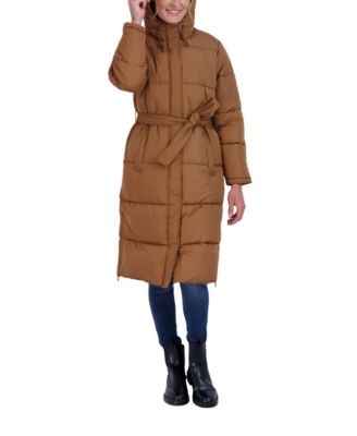 Women's Long Puffer Jacket with Hood and Belt