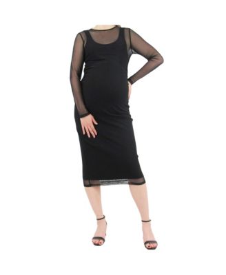 Women's Mesh Overlay Ribbed Midi Dress