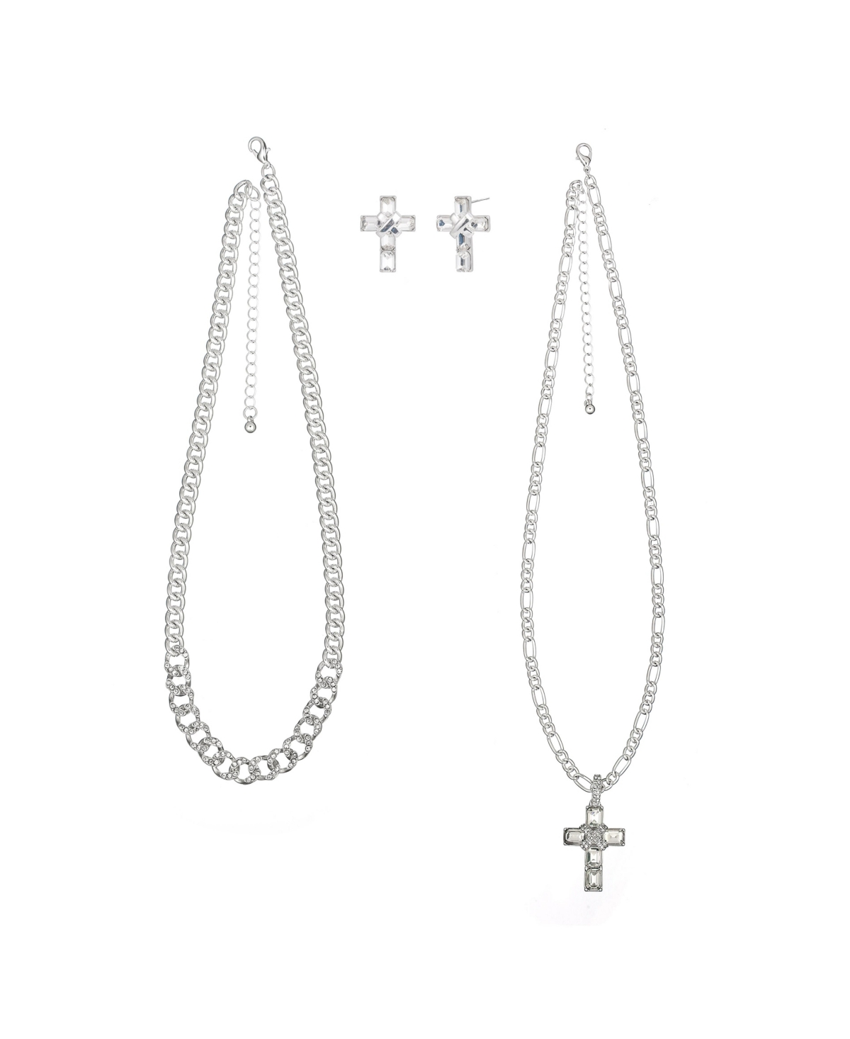 2Pc Cross Necklace And Earring Set - Silver