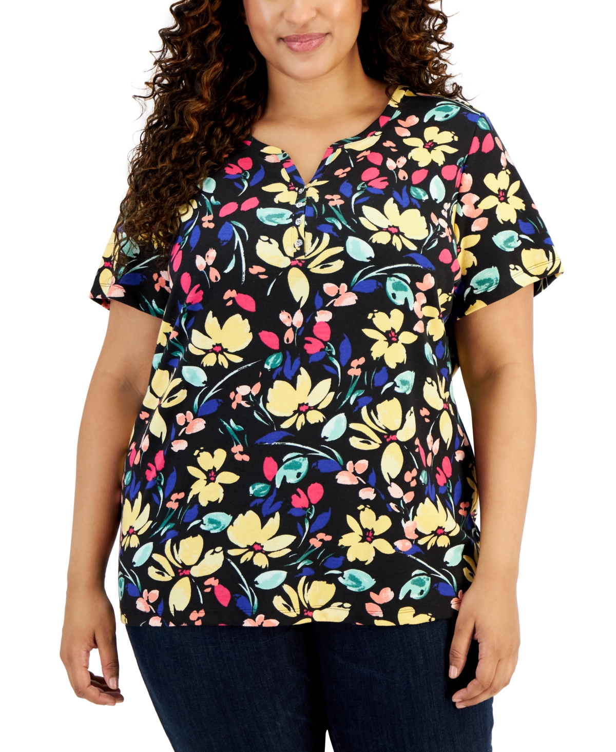 Plus Size Floral Henley Short-Sleeve Top, Created for Macy's - Deep Black