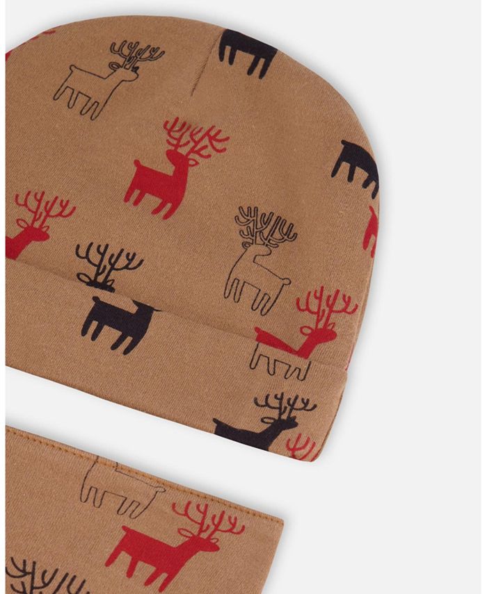 Deux par Deux Baby Boy Organic Cotton Printed Reindeers Hat And Bib Set