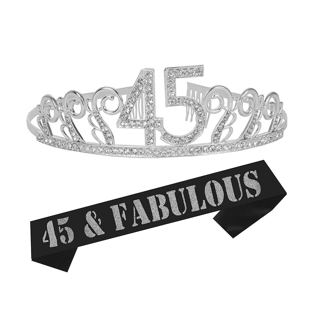 45th Birthday Sash and Tiara Set for Women - Sparkling Glitter Sash with Elegant Silver Metal Rhinestone Wave Tiara, Perfect 45th Birthday Party Acces