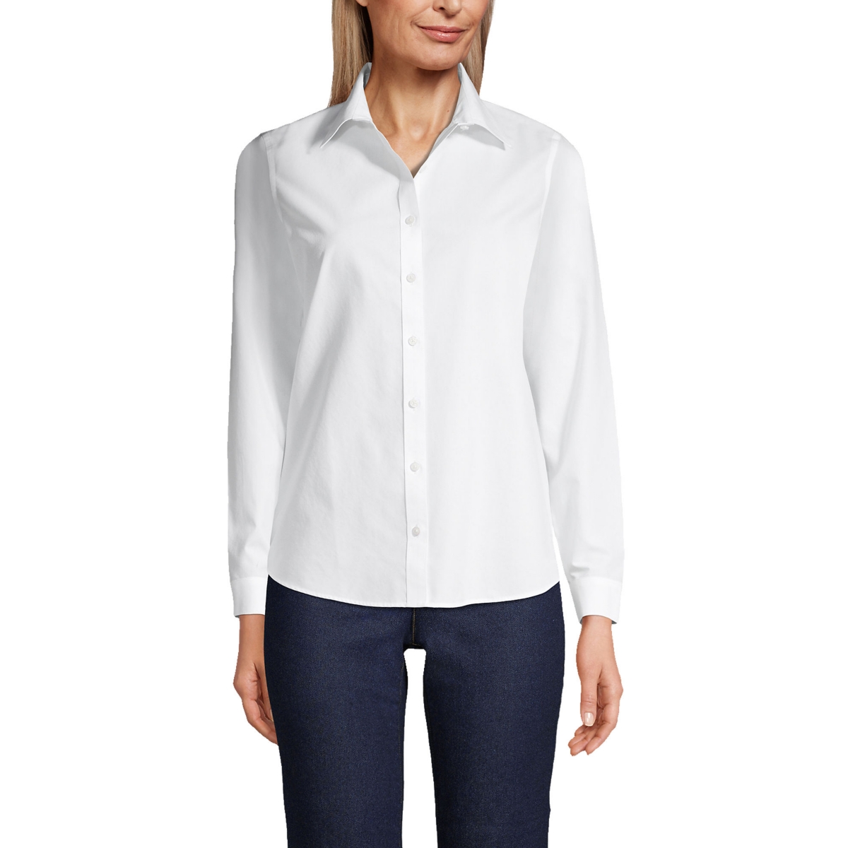 Women's No Iron Button Front Shirt - White/aqua classic stripe