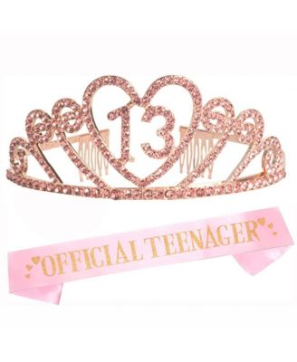 13th Birthday Sash & Tiara Set - Rose Gold Rhinestone Crown & Glitter Belt For Girls Party
