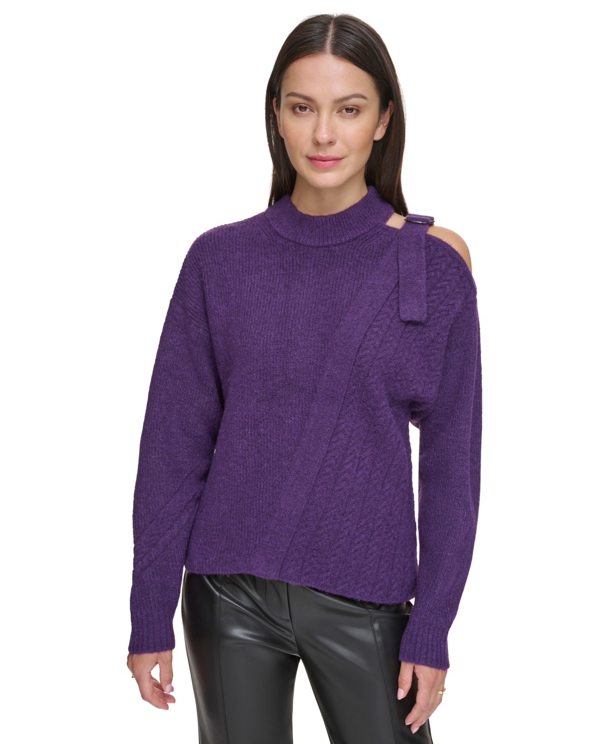 DKNY WOMEN'S MIXED-STITCH COLD-SHOULDER SWEATER