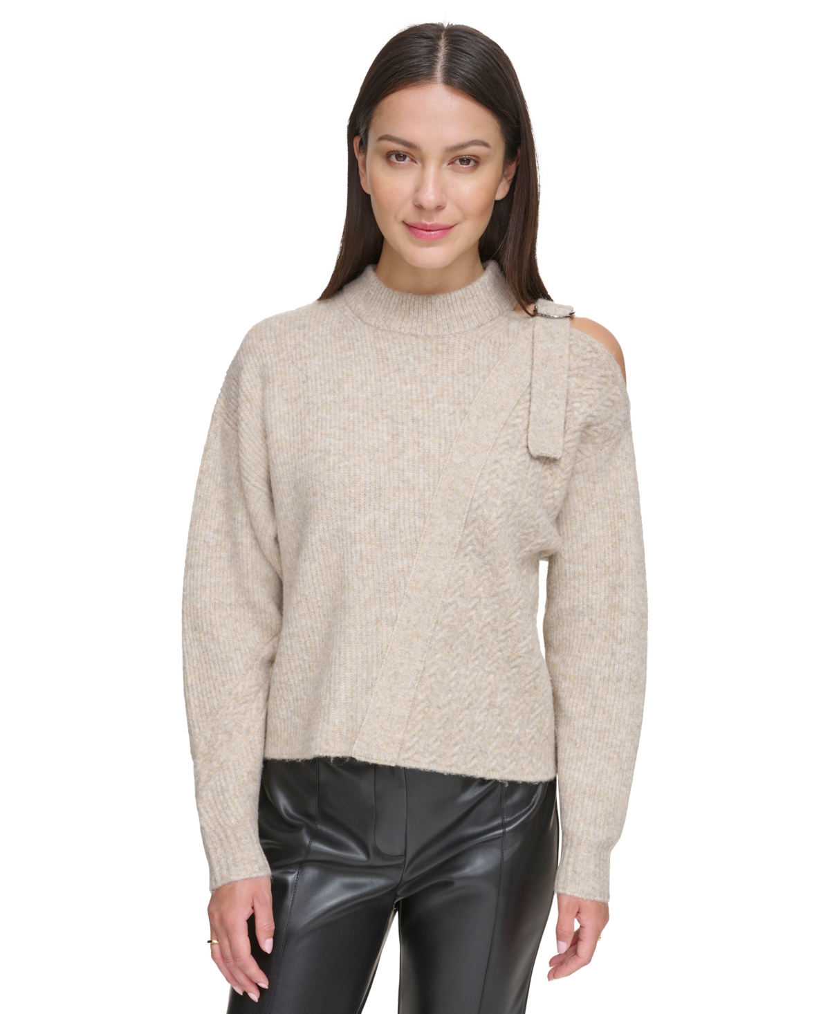 DKNY WOMEN'S MIXED-STITCH COLD-SHOULDER SWEATER