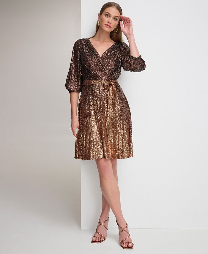 DKNY Petite Ombre Sequined Faux-Wrap Dress - Macy's