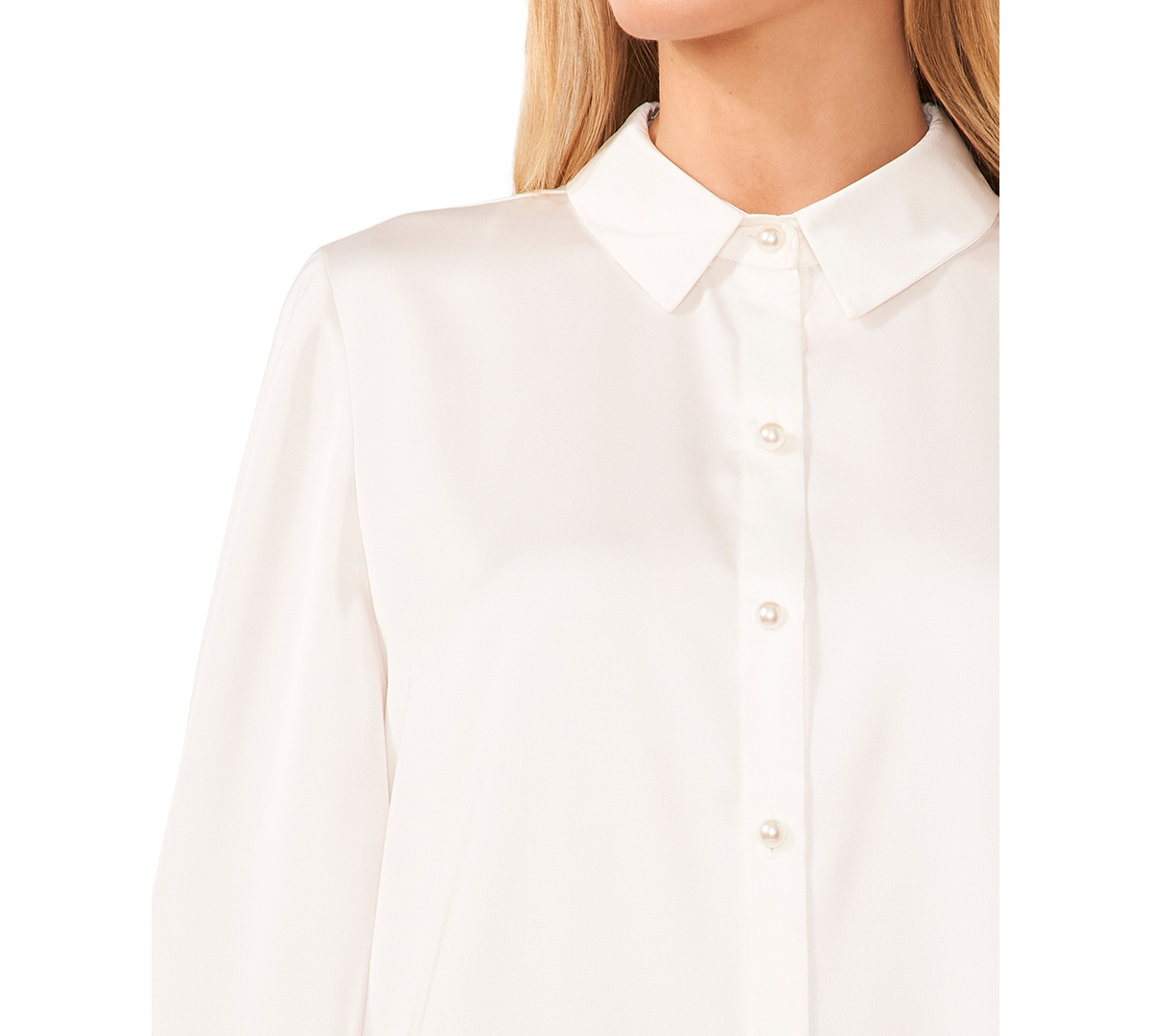 Cece Women's Luxe Satin Imitation Pearl Button Down Blouse In Soft Ecru