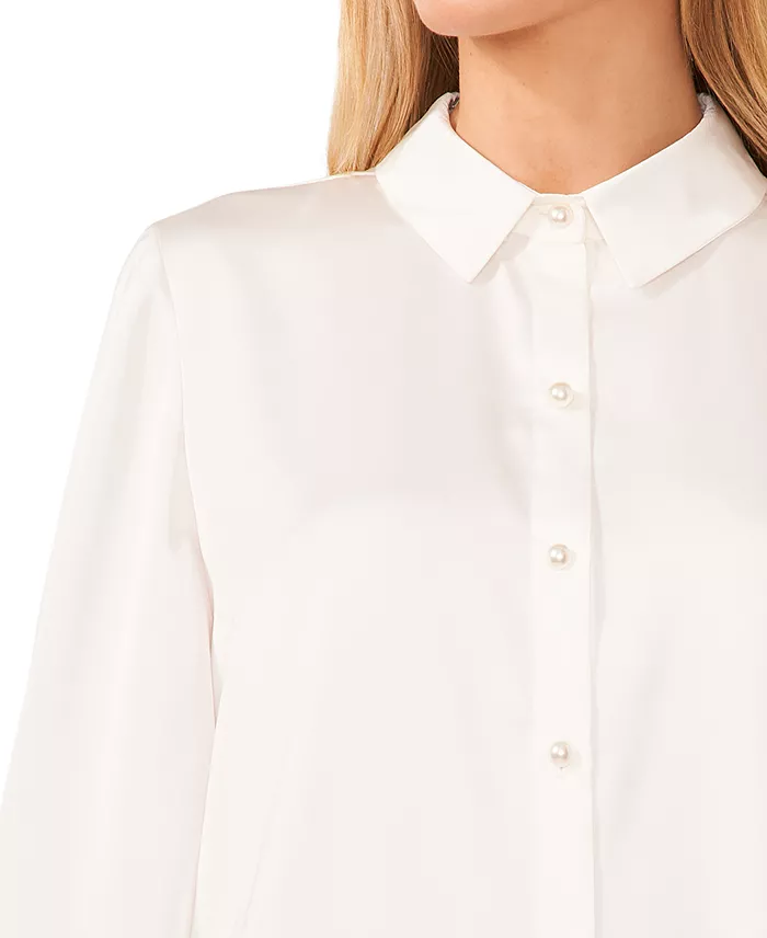 Women's Luxe Satin Imitation Pearl Button Down Blouse - thumbnail 2