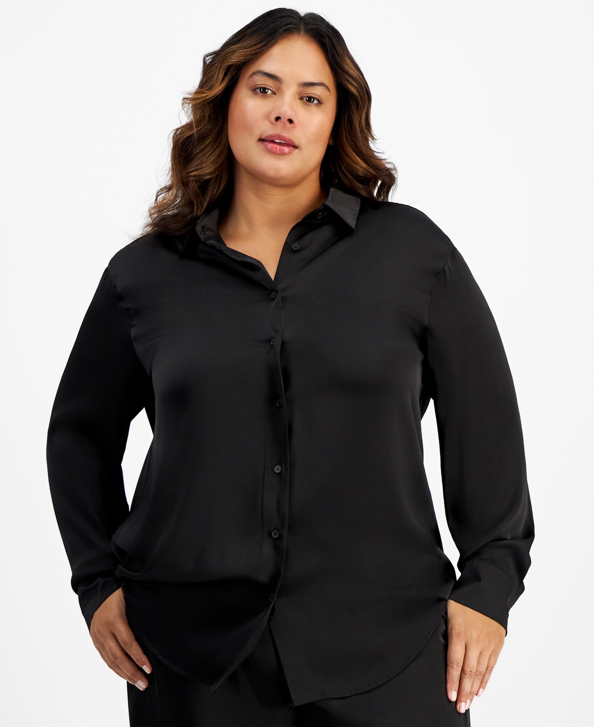 And Now This Trendy Plus Size Satin Button-front Shirt In Black